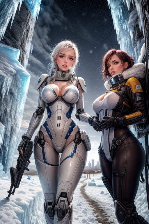 Camera Shot At A Side-front View, The Glowing City Is Surrounded By Ice Walls, Glowing Wrist Laser AI Porn