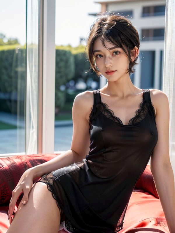 Extremely-short-hair, Black Lacy Short Tanktop Dress, Night AI Porn