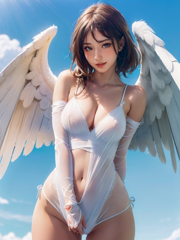 Only One Girl, Cute Girl Cosplaying Archangel Extremely Detailed Scene, Bobcut Asian AI Porn