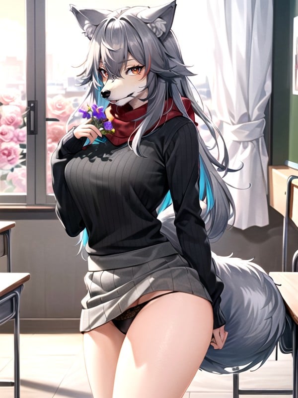 Ash_gray Wolf Girls, Long Sleeves, Detailed Red _ruby Eyes AI Porn