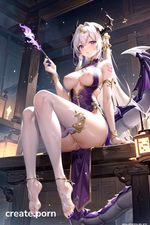 Bound By Chains And Handcuffs, White Extremely Luxurious Silk Cheongsam, Dragon Girl Hentai AI Porn