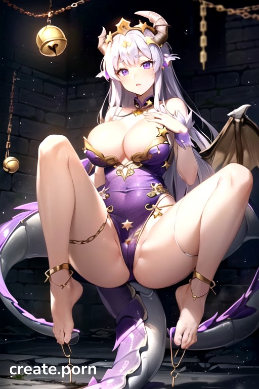 Protruding Purple Alternating Dragon Horn, Holding The Rope Connecting The Neck Collar With Hand, Dragon Princess Hentai AI Porn