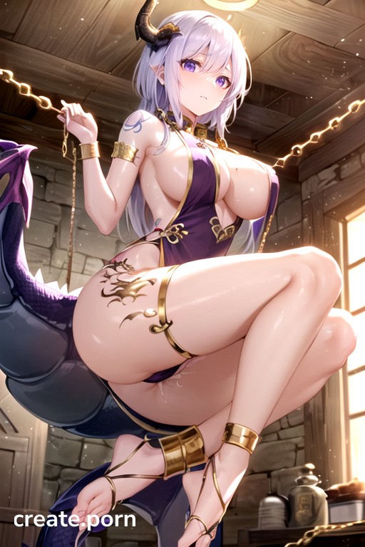 Gold Chains Constantly Connect To The Ceiling, Oiled Skin, Dragon Princess Hentai AI Porn