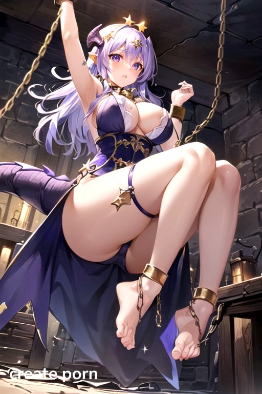 Chains Hold Onto Your Hands And Feets, The Whole Body Is Tightly Locked Up By Heavy Iron Chains, Hands And Feet Suspended In The Air Hentai AI Porn