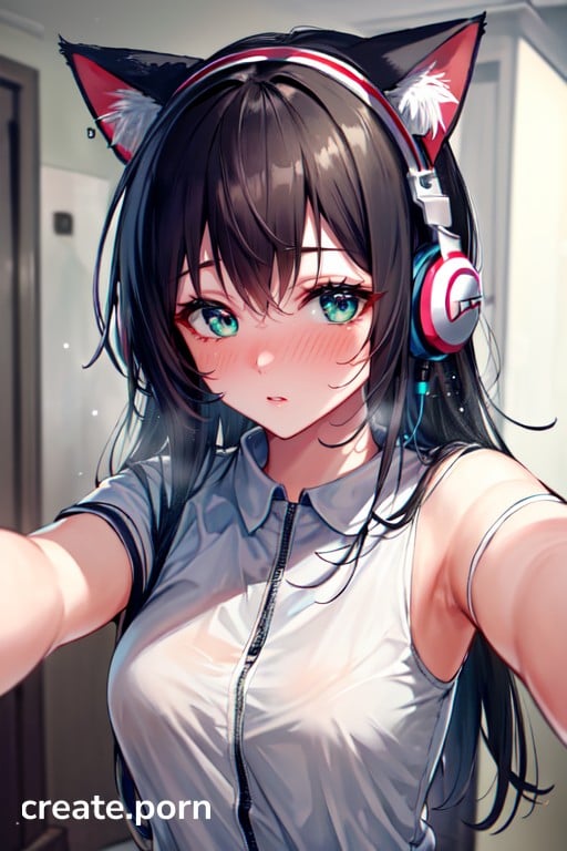 Anime Girl Headphones Only Porn - Green Eyes, Headphones, Embarrassed AI Porn