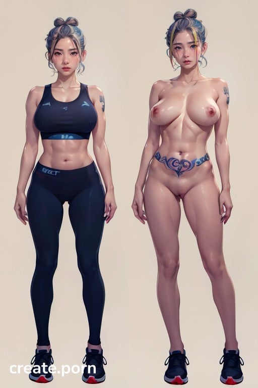 Exactly The Same Person, Perfect All-black Running Tights, Massive Muscular Thick Body Asian AI Porn