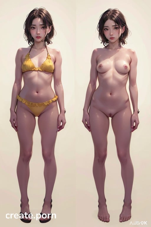 Years Old Naked Girl, All-white Background, Frontal Waist Porno asiático IA