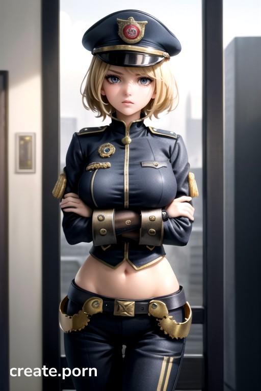 Sfw, Massive Breast, Accurate Steampunk Army Commander Closed Up Uniform  Arms Crossed Under Her Chest Thin