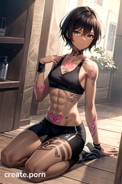 Anime Tomboy Short Hair Porn - Dark Brown Skin, Small Breast, Full Body AI Porn