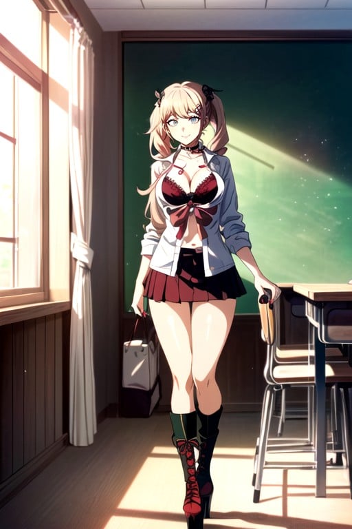 Red Bow Above Her Left Breast, F Cup Breasts, Pigtails Hentai AI Porn