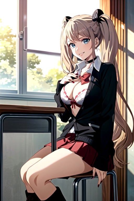 Front View, Bra, Red Pleated Miniskirt Hentai AI Porn