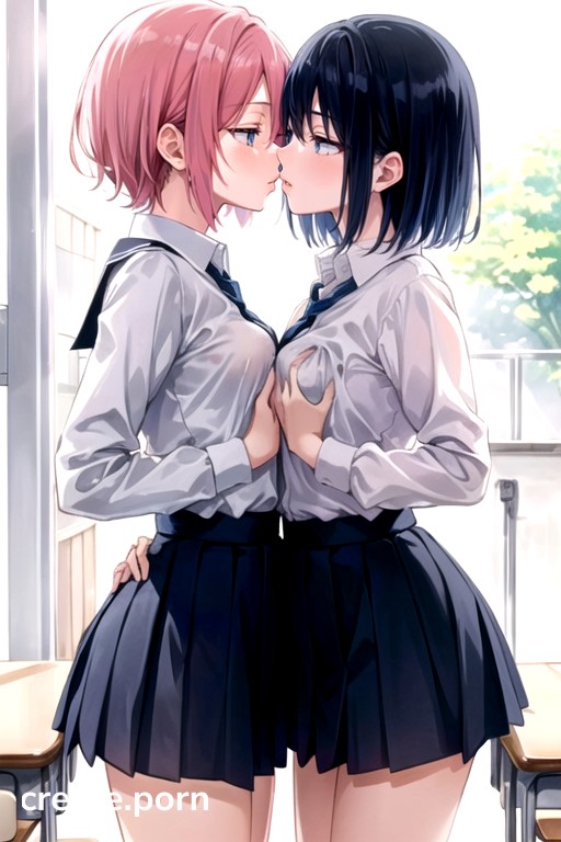 Anime Schoolgirl Lesbian Kissing Porn - Small Breast, Classroom, Small Ass AI Porn