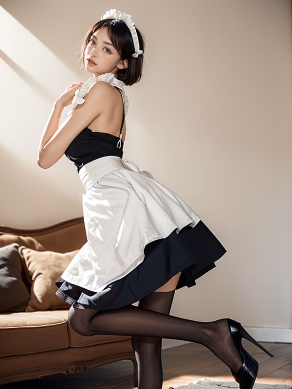 Model, Realistic Doe Eyes, Black High Heel Nylon Stockings AI Porn