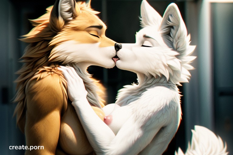 Naked, Wolf, Kissing (1 Boy 1 Girl) Furry AI Porn