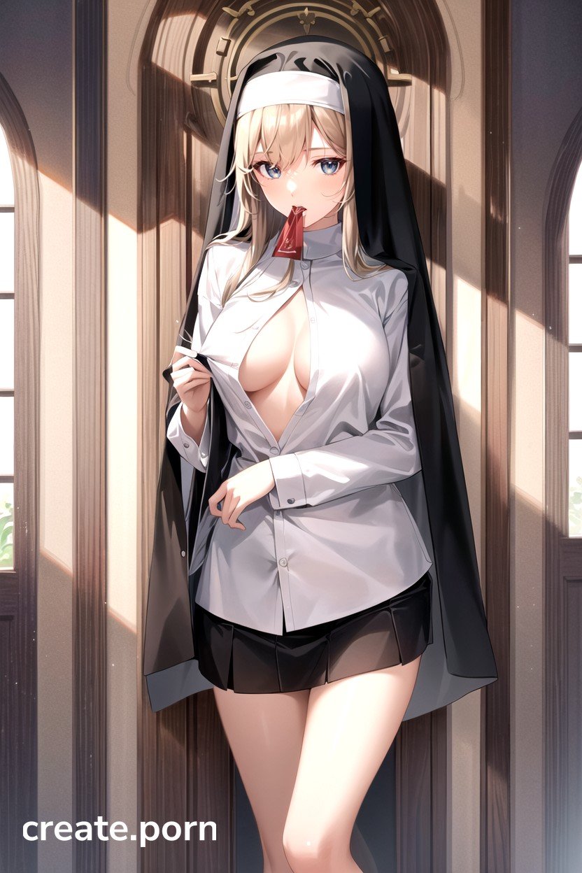 Nun, Looking At Viewer, Open Clothes AI Porn