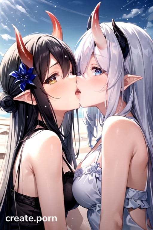 Black Anime Lesbians Kissing - Devil, Girls Kissing, Desert AI Porn