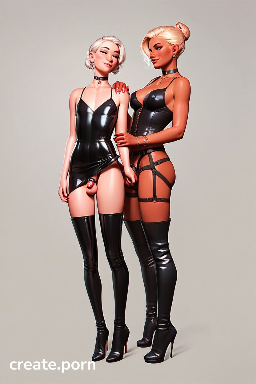 Chastity Cage, Caucasian Femdom Wearing Latex Dress, Thigh High Boots And  Straponcaucasian A Femboy On His