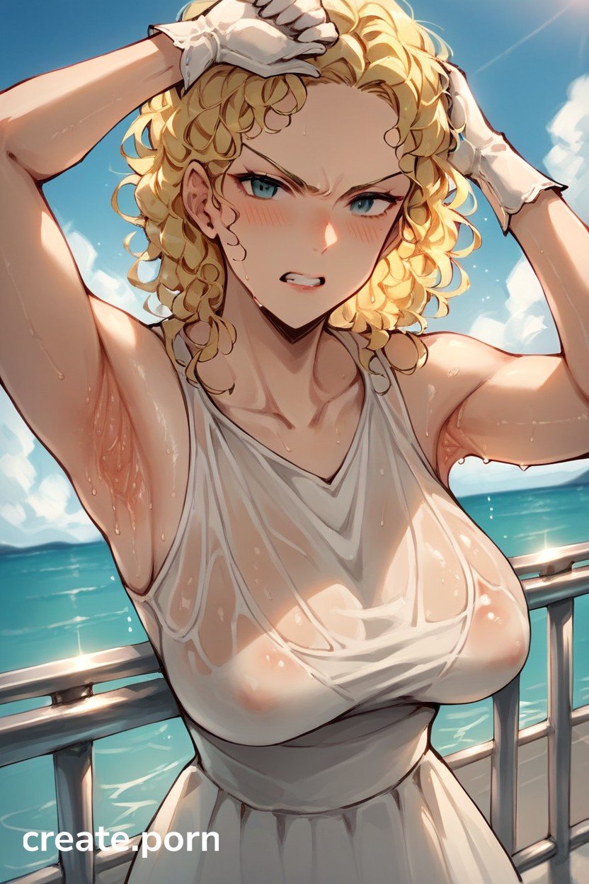 Sleeveless T-shirt, Gloves, Blonde Curly Hair AI Porn