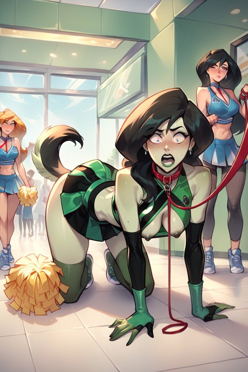 Cheerleader Holding Leash, Leash Around Neck, Kim Possible Shego Cheerleader  Outfit On All Fours AI Porn