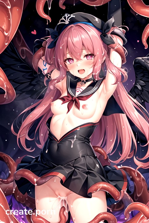 Girl, Massive Heart-shape Slave Mark Tattoo On Her Womb, Black Angel Wings Hentai AI Porn