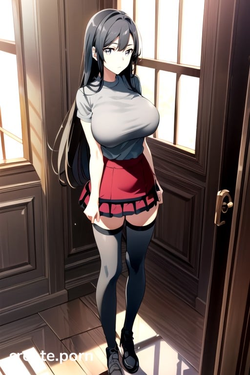 Dark Grey Thigh High Socks And Red Miniskirtstraight Hair Full Body Shotshort Red Frilled Miniskirt Massive Tits Under Her Dark Grey T-shirt With Red Trimsextremely Thin Waist And Bored Face, Mansion, Add Detail Hentai AI Porn