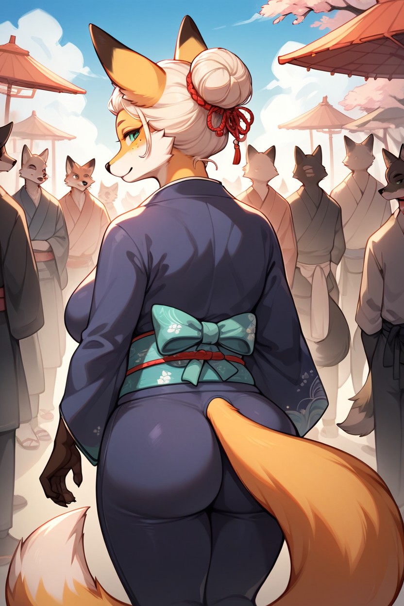 Fox, Green Eyes, Hair Bun Фурри AI порно