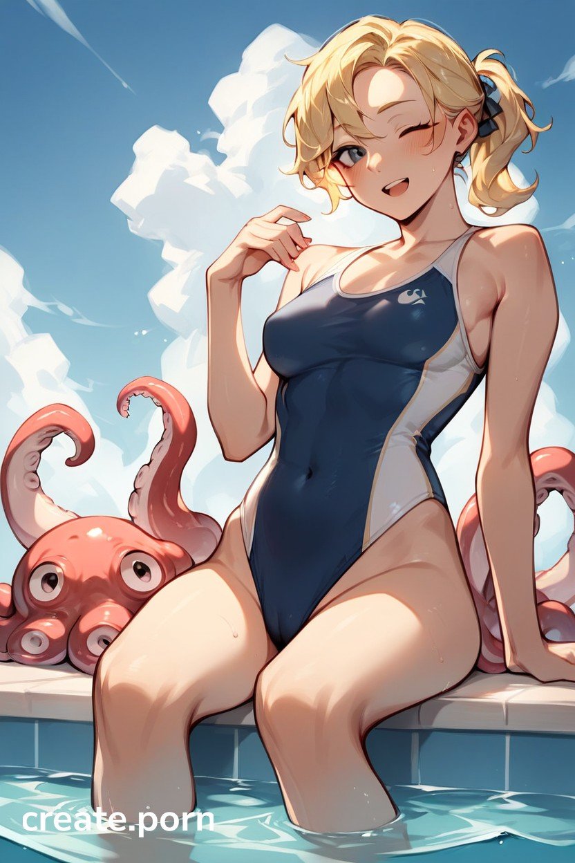 Close Up View, Girl In Swimsuit Playing With The Octopus, D ИИ порно