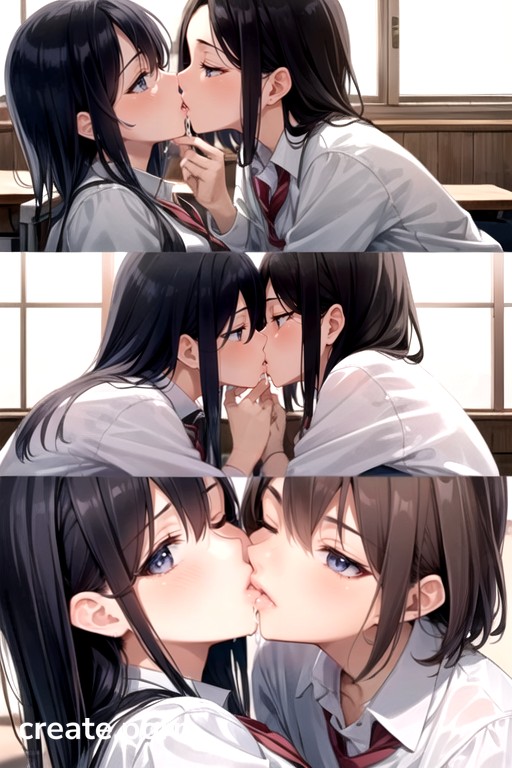 Black Anime Lesbians Kissing - Japanese, Girls Kissing, 2 People AI Porn