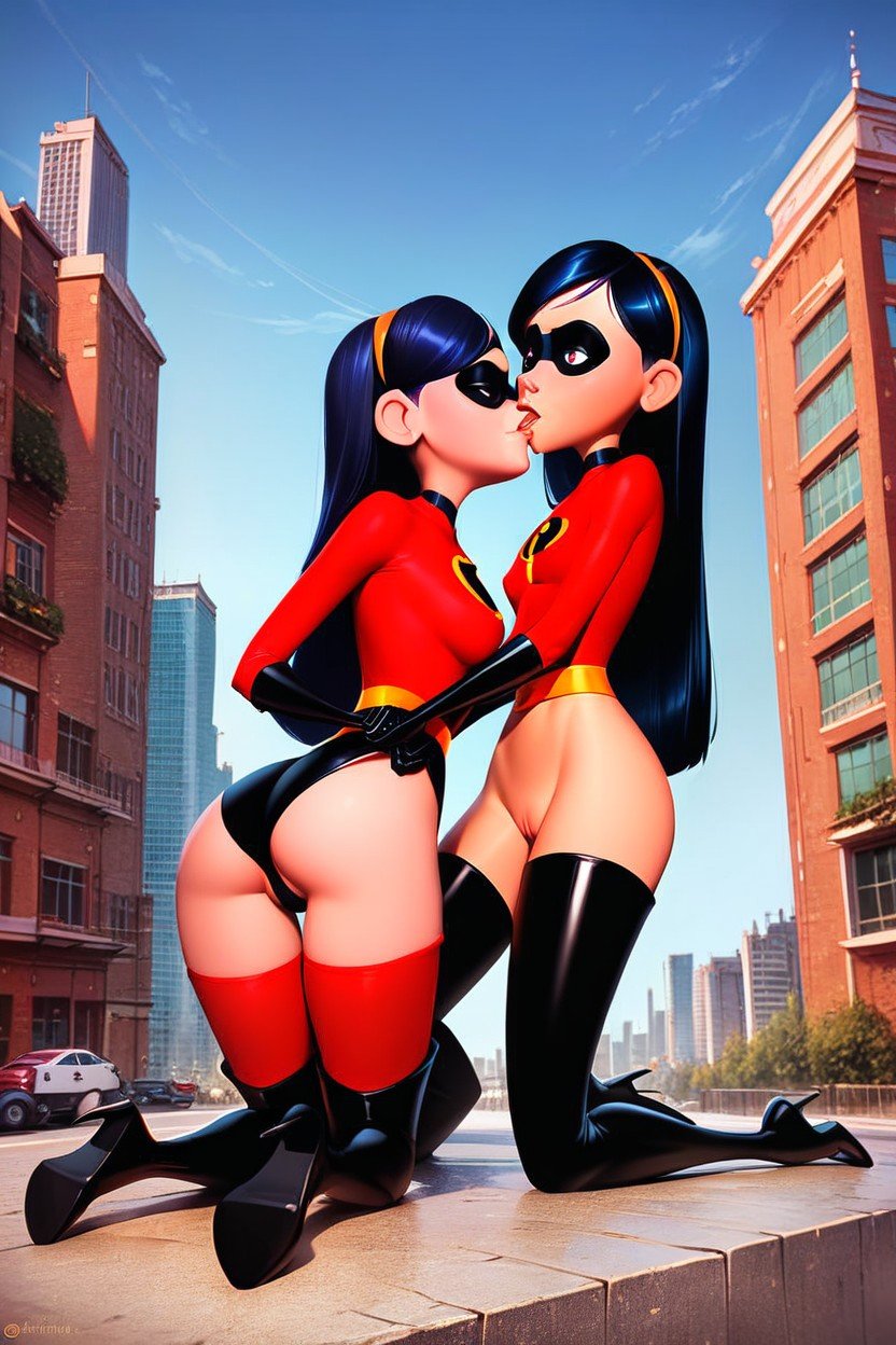 Violet Parr Sucking On A Huge Strap Of Elastigirl, Thigh High Boots,  Rooftop AI Porn