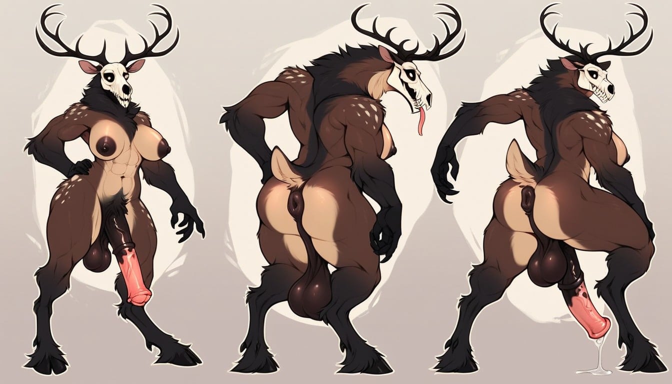 On Hands And Knees, Anthropomorphic Female Deer Wendigo With Toned Body Bending Over To Present Her Large Puckered Asshole, Talons Furry AI Porn
