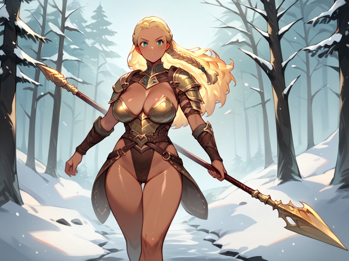 Bear Girl Costume Porn - Round Breasts, Wearing Provocative Leather Armor With Bear Fur And Wool  Tunic On Legs, Long Blonde