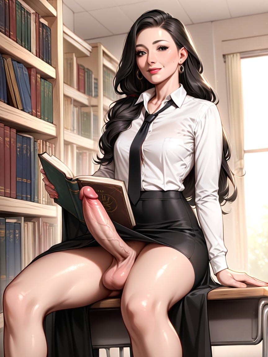 Beckoning, Long Skirt, Hiding Penis Behind A Book Pornografia de IA