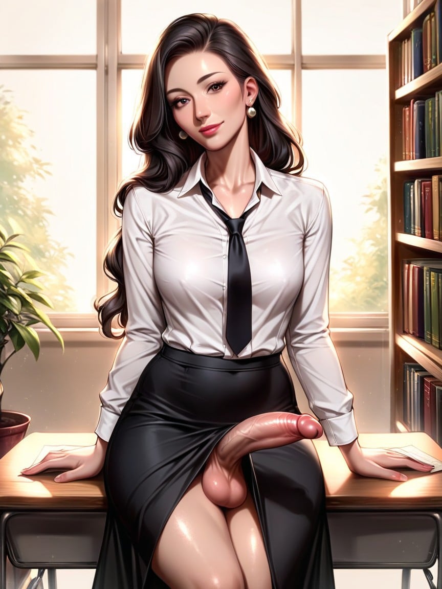 Sitting On Teachers Desk, Penis Covered By Skirt, Long SkirtAI黃片