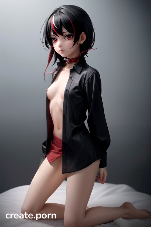 512px x 768px - Lamia Black Scales Red Eyes Shirt Black Hair Red Streak Small Breasts  Collar Small Bodysize Naked,
