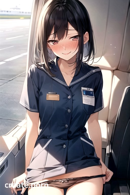 Flight Attendant, Airplane, Mischievous (smiling While Blushing) Hentai AI Porn