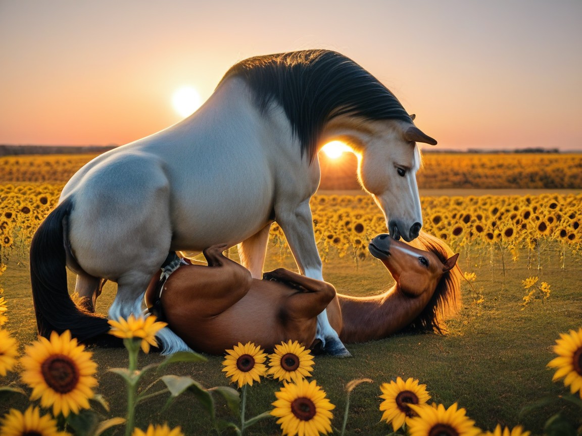 Mare Horse Porn - Mating With Grey Mare, Large Horse Penis, Sunflower Field Furry AI Porn