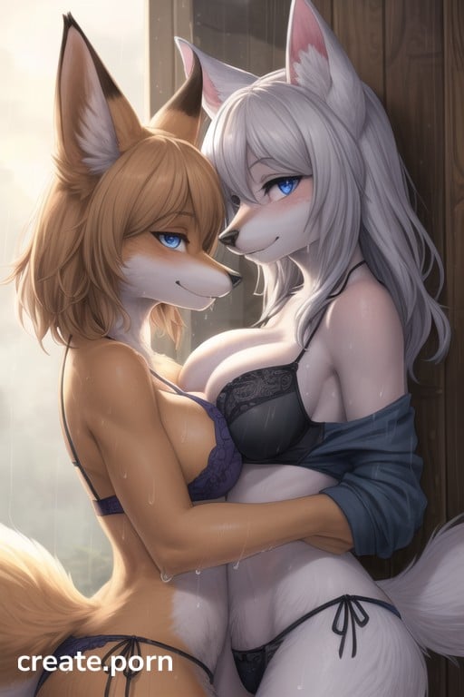 Sideboob, Wet Clothes, Girls Hugging Furry AI Porn