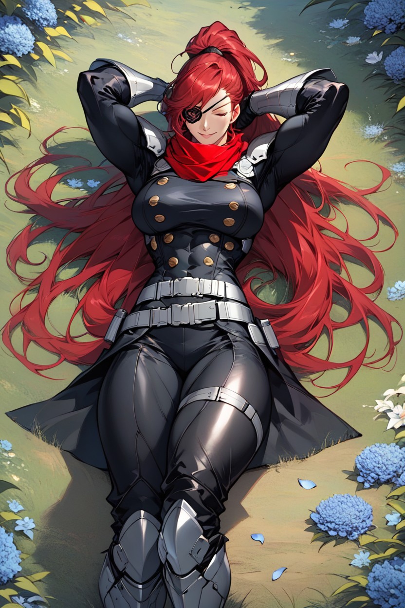 Fully Clothed With Very Black Clothes, Large Body, Ponytail Tied With A Ribbon AI Porn