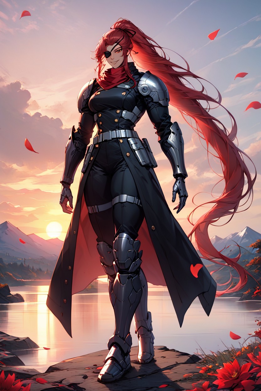 Very Dark Clothes, Extremly Muscular, Silver Belts Around Her Legs Hentai AI Porn