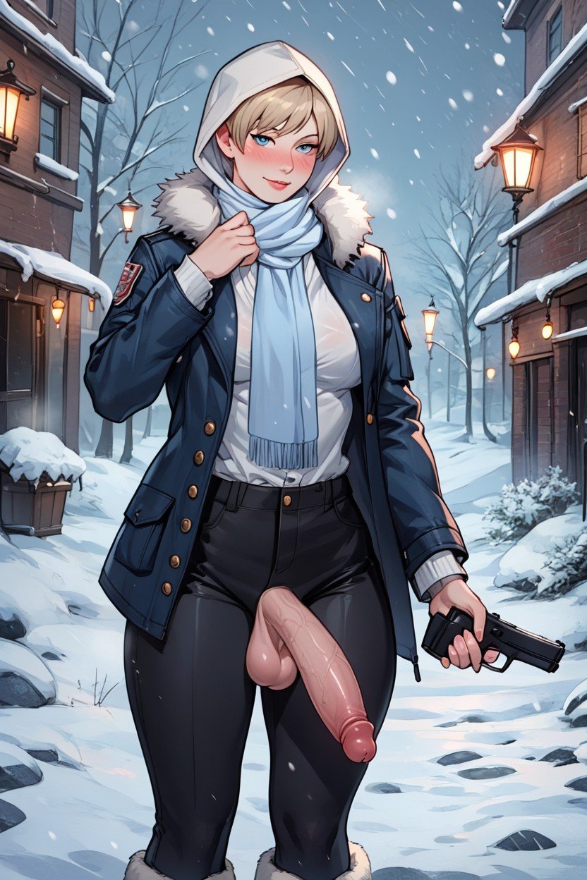 Open Clothes, Off-white Winter Jacket With A White Fur Hood, Horny AI Porn