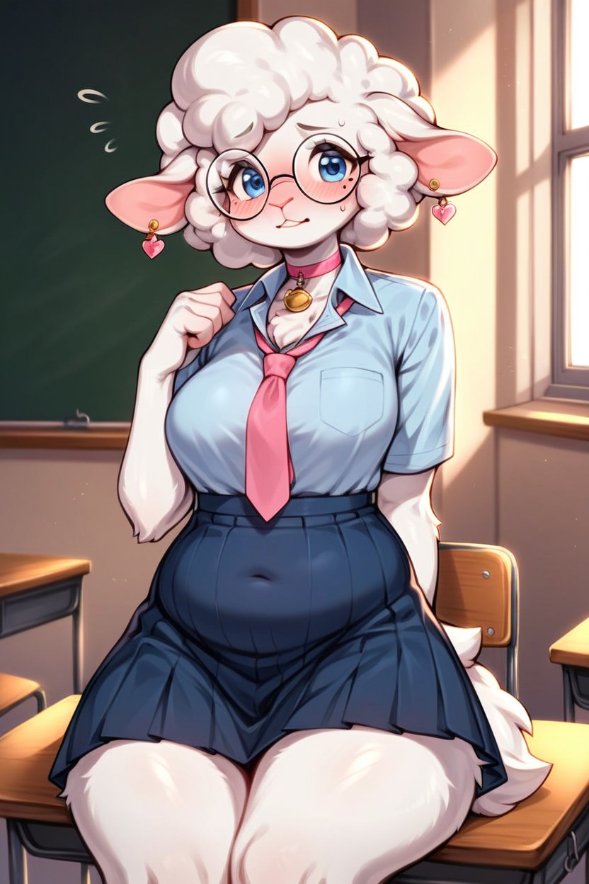 Silver Ear Piercing, In Classroom, Fluffy Furry AI Porn