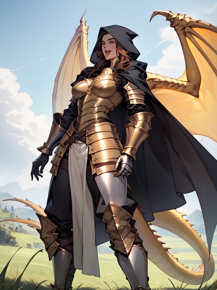 Black Hooded Cape, Golden Armor, Golden Dragon GirlPorno AI