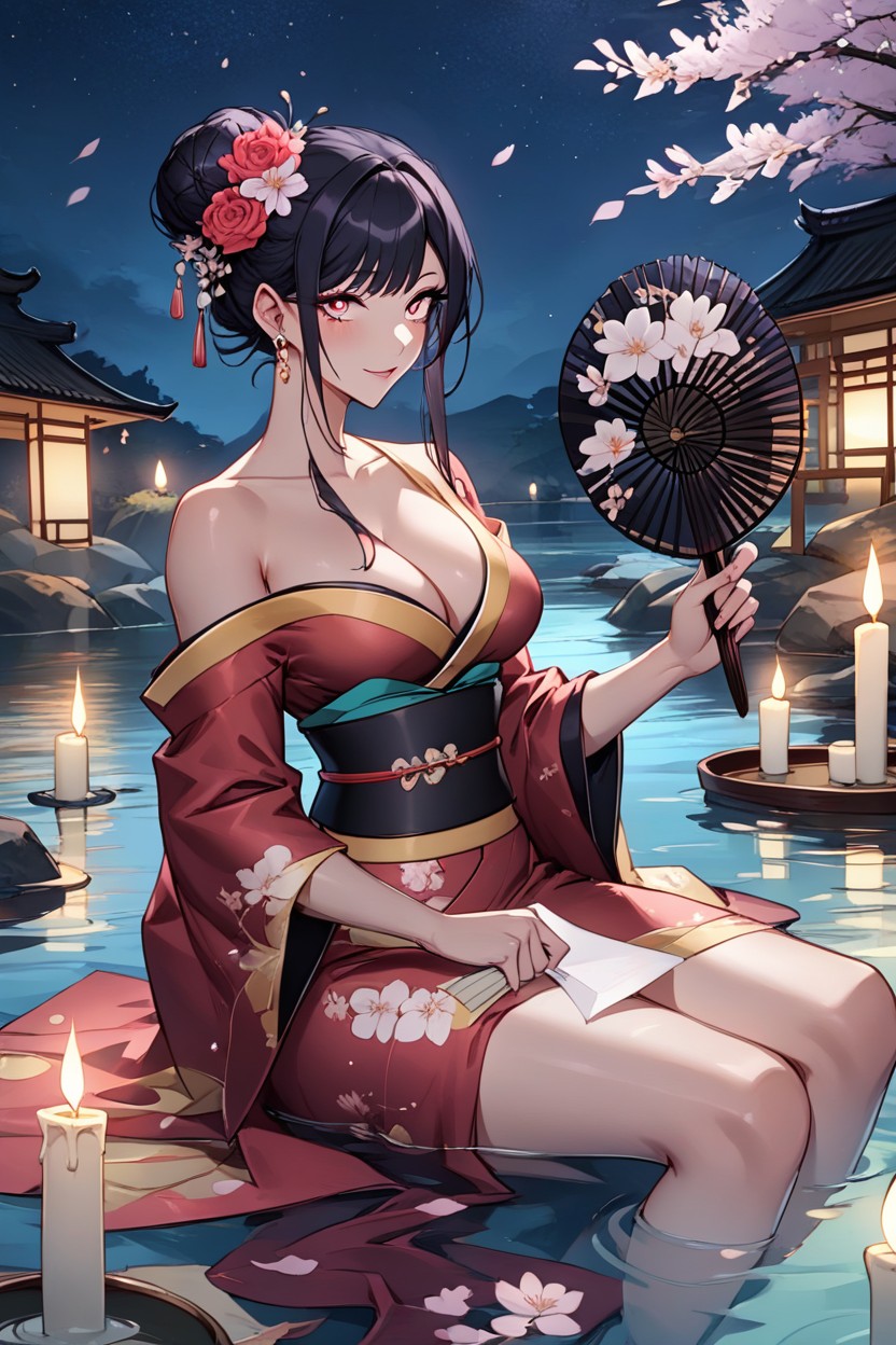 Cleavage, Humanly Accurate Details, Holding Paper Fan To Hide Her Face AI Porn