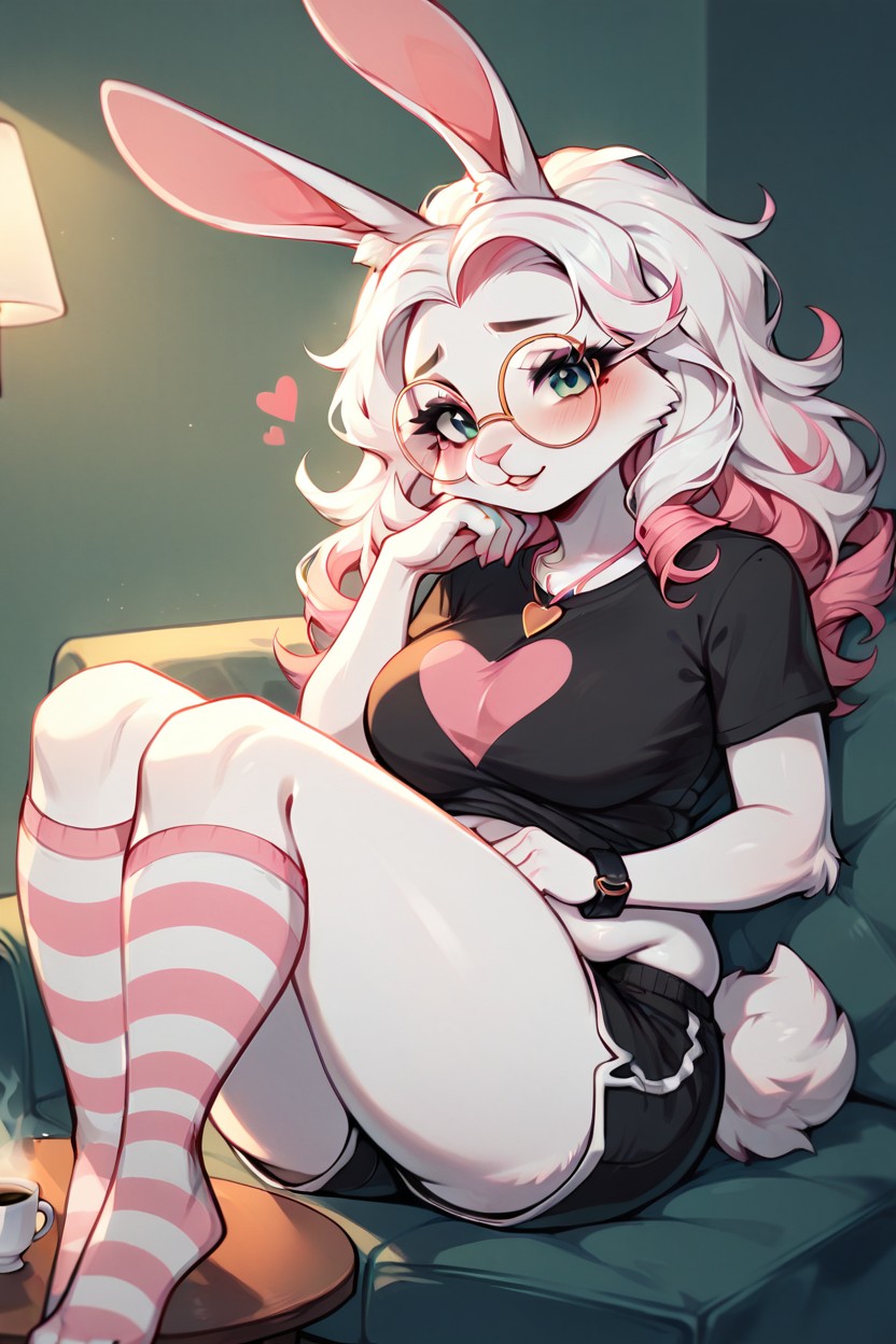 T-shirt, Leaning On Table, White Fur Furry AI Porn