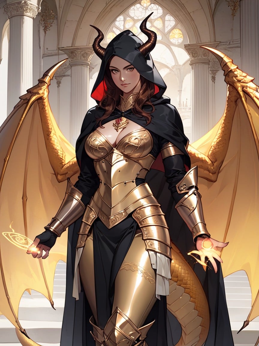 Golden Dragon Tail, Guantes De Armadura, Black Hooded CapePorno AI