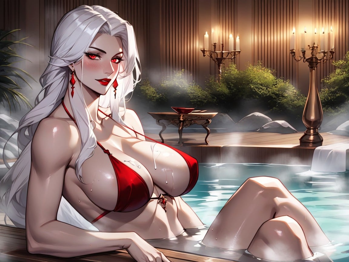 Bikini, Red Lipstick, White Hair Vampire Girl AI Porn