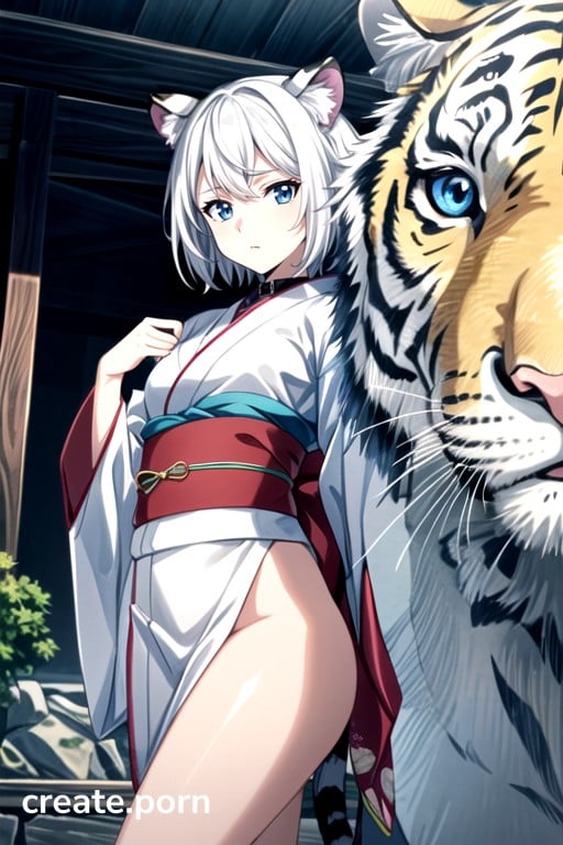 White Tiger Girl White Hair Short Hair AI Porn 