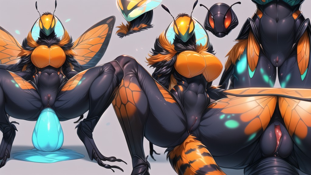 Sitting Down Legs Spread, Presenting Abdomen&throbbing Insect Abdomen, Detailed Reference Sheet Furry AI Porn