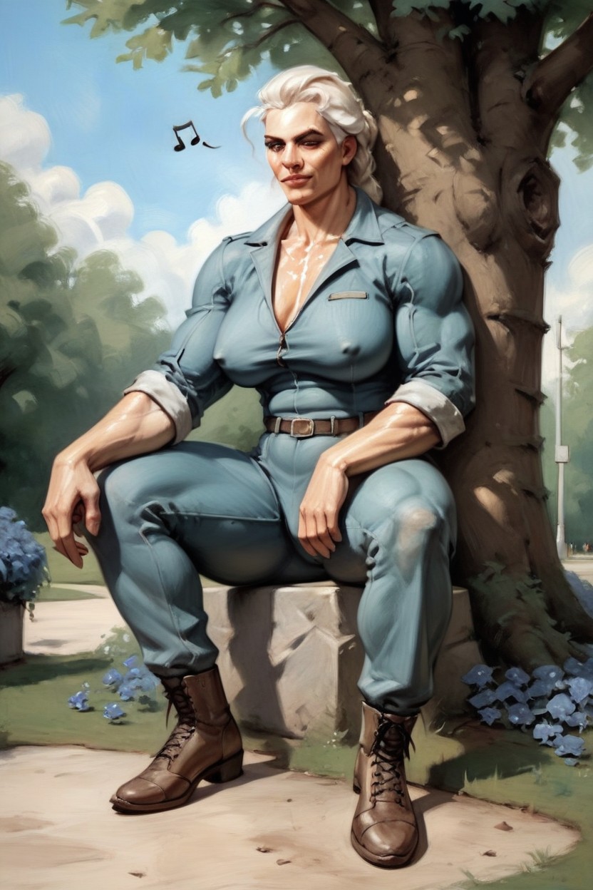 Park, Muscular Female Michael Myers Sitting Under The Shade Of Tree, Baggy  Dark Jumpsuit AI Porn