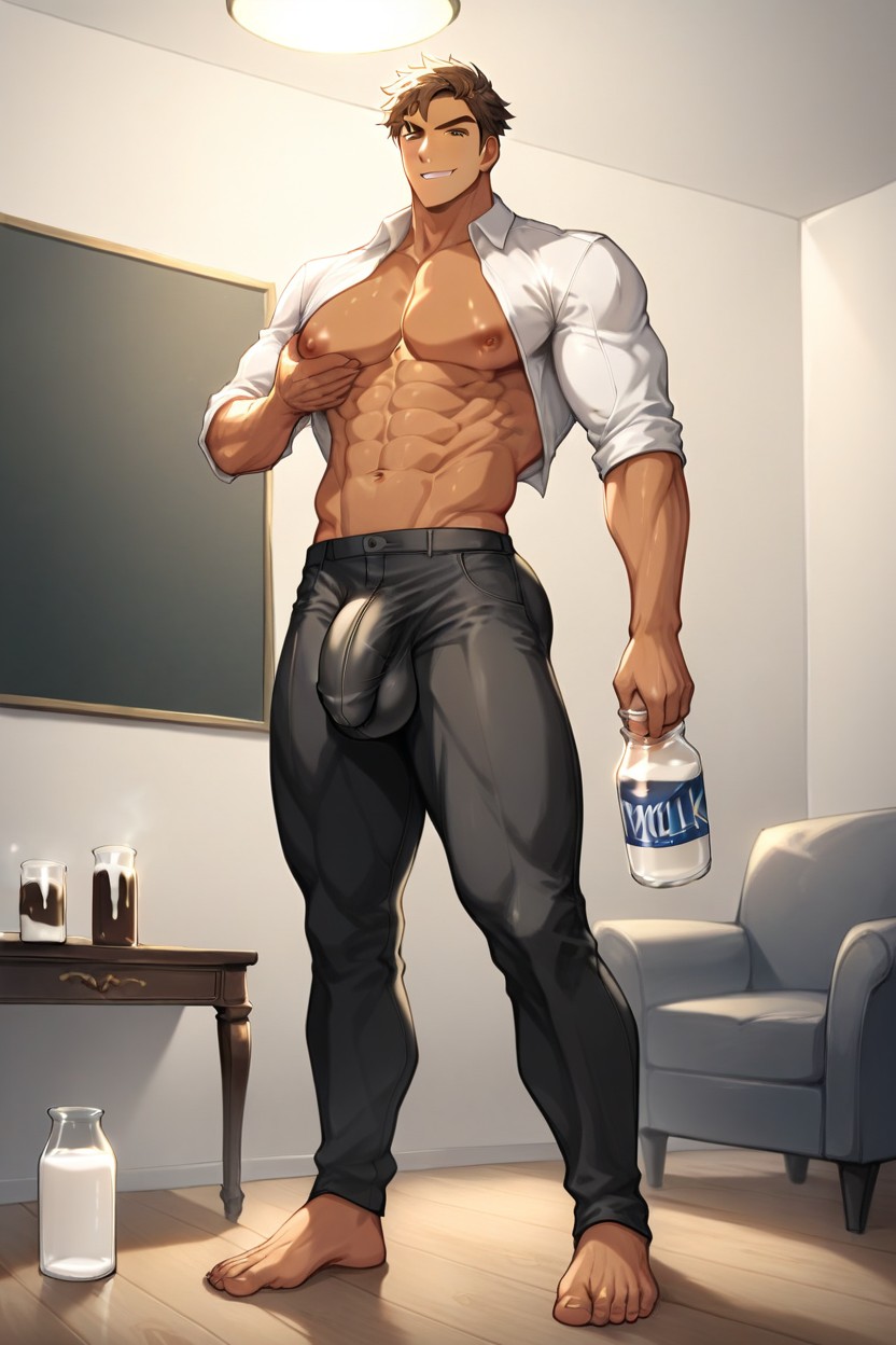 There Is A Cocky Smirk On His Face, Woman's Boobs On His Chest, Living Room AI Gay Porn